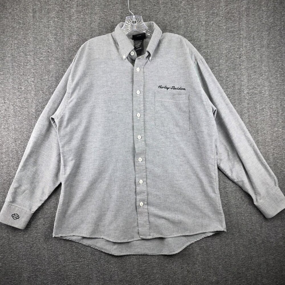 Harley-Davidson Shirt Mens Large Gray Long Sleeve Button Pocket Embroidered